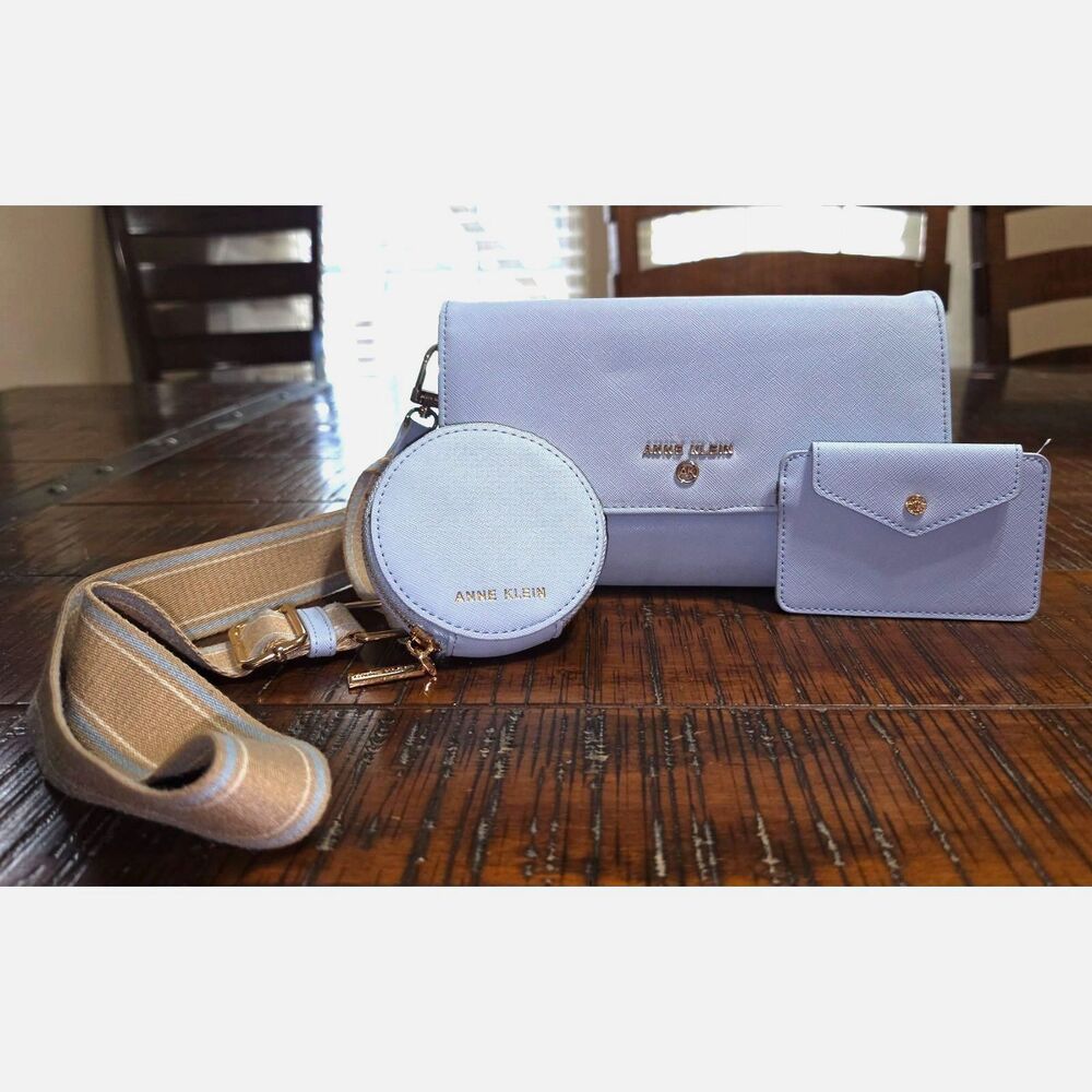 Anne Klein 3-in-1 Flap Crossbody Bag Wallet Set Periwinkle Blue Saffiano